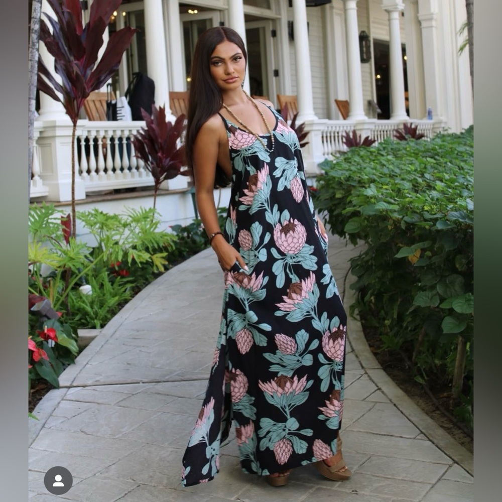 Floral Black Maxi Dress with Pink & Teal Blooms - Picture 12 of 13